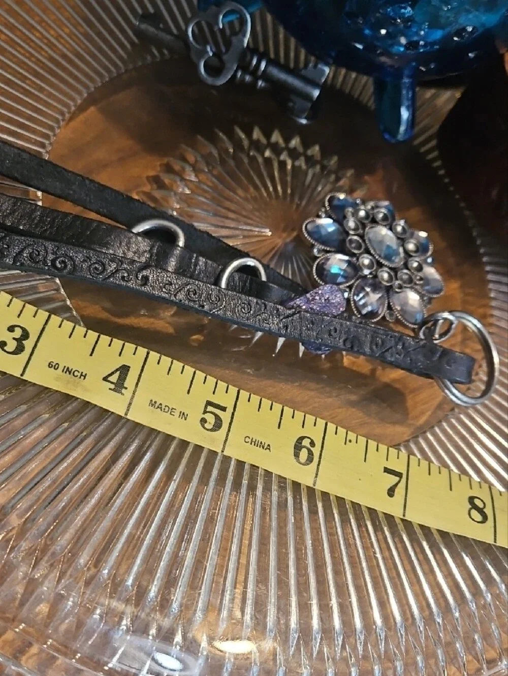 Handmade Genuine Leather Tassel Keychain Purse Charm w Crystal Flower Accent NEW